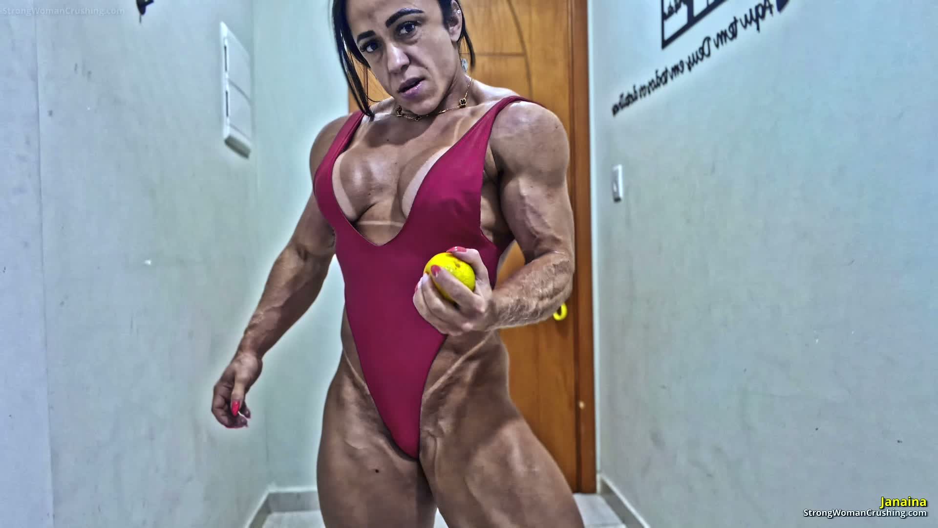 Janaina smashes oranges into juice
